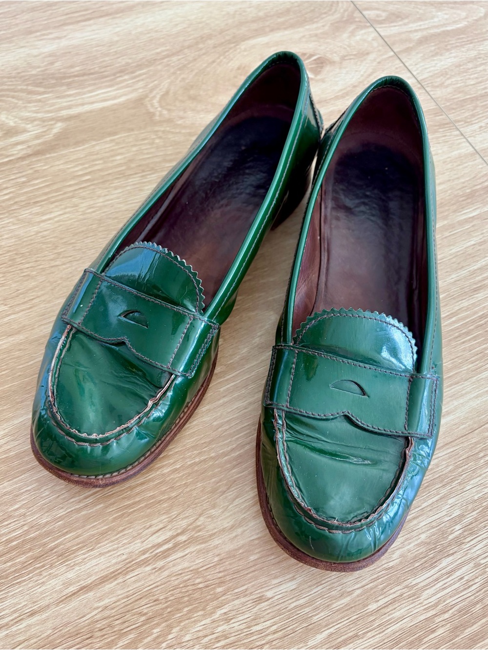 Rare Vintage Prada Emerald Green Patent Leather Women's Penny Loafers
